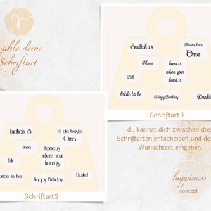 May include: A printable design template for a personalized gift bag. The design features a light yellow shopping bag with a handle and text that says "Endlich 18" and "F&uuml;r die beste Oma". The text is in a cursive font. The template includes a variety of text boxes for adding personalized messages.