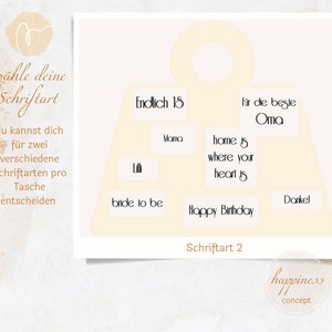 Pu&ograve; includere: Un modello di design stampabile per una borsa regalo con il testo "Endlich 18" (tedesco per "Finalmente 18") e altre frasi come "Buon compleanno", "Mamma", "Sposa", "Casa &egrave; dove si trova il tuo cuore", "Per la migliore nonna" e "Grazie".