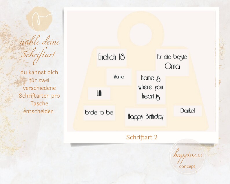 Pu&ograve; includere: Un modello di design stampabile per una borsa regalo con il testo "Endlich 18" (tedesco per "Finalmente 18") e altre frasi come "Buon compleanno", "Mamma", "Sposa", "Casa &egrave; dove si trova il tuo cuore", "Per la migliore nonna" e "Grazie".