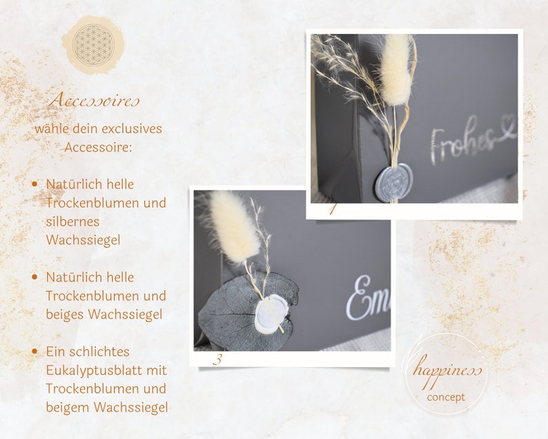 May include: Three different options for a gift box accessory: dried flowers with a silver wax seal, dried flowers with a beige wax seal, and a eucalyptus leaf with dried flowers and a beige wax seal. The text "Accessoires" and "w&auml;hle dein exclusives Accessoire" is visible in the image.