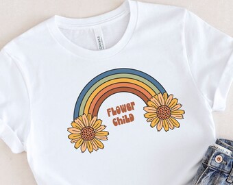 T-shirt Flower Child | T-shirt Rainbow Retro, Chemise enfant fleur arc-en-ciel, T-shirt enfant fleur hippie, T-shirt enfant fleur, T-shirt rétro graphique rétro