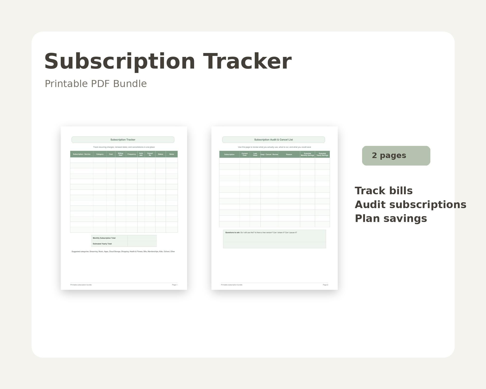Subscription Tracker Printable, Recurring Bills Log, Budget Planner PDF ...