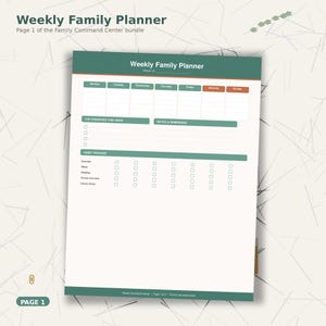 Könnte beinhalten: Eine Wochenplanerseite für die Familie mit einem grünen und orangefarbenen Header. Der Planer enthält Abschnitte für oberste Prioritäten, Notizen und einen Gewohnheitstracker. Der Text "Weekly Family Planner" steht oben, mit "Page 1" unten.