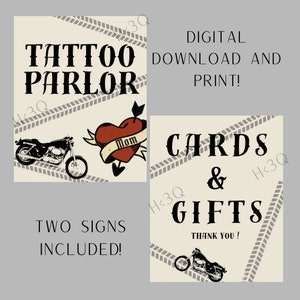 Wild one motorcycle theme birthday tattoo and gift table signs