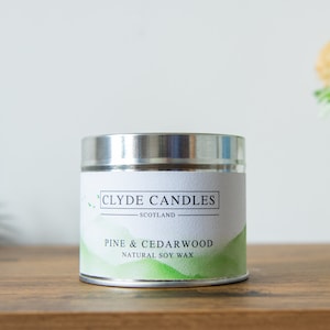 Grenen en cederhout natuurlijke sojakaars blikje - Clyde Candles Scotland - Vegan Scottish Gifts, British Made
