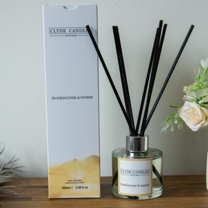 Frankincense & Myrrh Reed Diffuser - Clyde Candles, Luxury Diffuser Oil with a Set of 7 Sticks,  Best Aroma Scent for Home, Living Room,