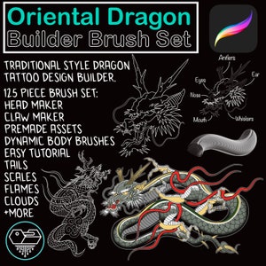 May include: Black digital art set titled "Oriental Dragon Builder Brush Set." Includes dragon illustrations, a brush icon, and text: "Traditional Style Dragon Tattoo Design Builder." Features 125-piece brush set with head, claw, and body brushes, premade assets, and tutorials.