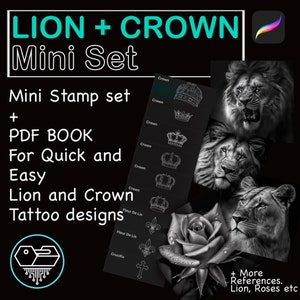 May include: A digital download set of black and white lion and crown tattoo designs. The set includes a PDF book with quick and easy tattoo designs, as well as a mini stamp set of crowns, fleur-de-lis, and a crucifix.