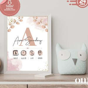 Cartel de nacimiento de bebé personalizado / Estilo boho / Nombre inicial / Cartel de guardería / Anuncio de nacimiento de ducha de bebé / PNG, JPG Descarga digital