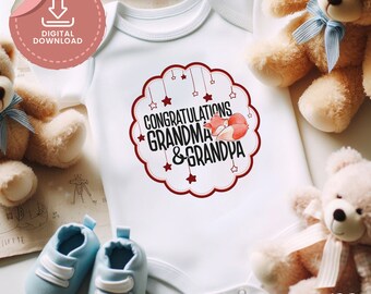 May include: White baby onesie with a red and white circle design. The circle has a sleeping fox and the text "Congratulations Grandma & Grandpa".