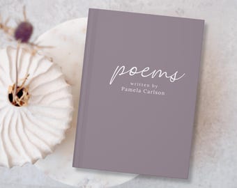 May include: A purple book with the title "poems" written in white cursive script. The author's name, "Pamela Carlson", is written in white below the title.