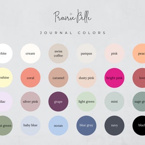 May include: A chart of 18 color swatches with the names of each color written below. The colors include white, cream, swiss coffee, pampas, pink, peach, sunshine, coral, caramel, dusty pink, bright pink, love, lilac, silver pink, grape, light green, mint, sage green, forest green, baby blue, ocean, blue gray, navy, and black.