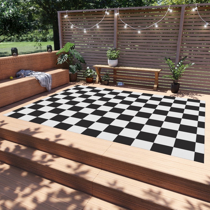 Black and White Checkered Outdoor Rug for Modern Patio Etsy