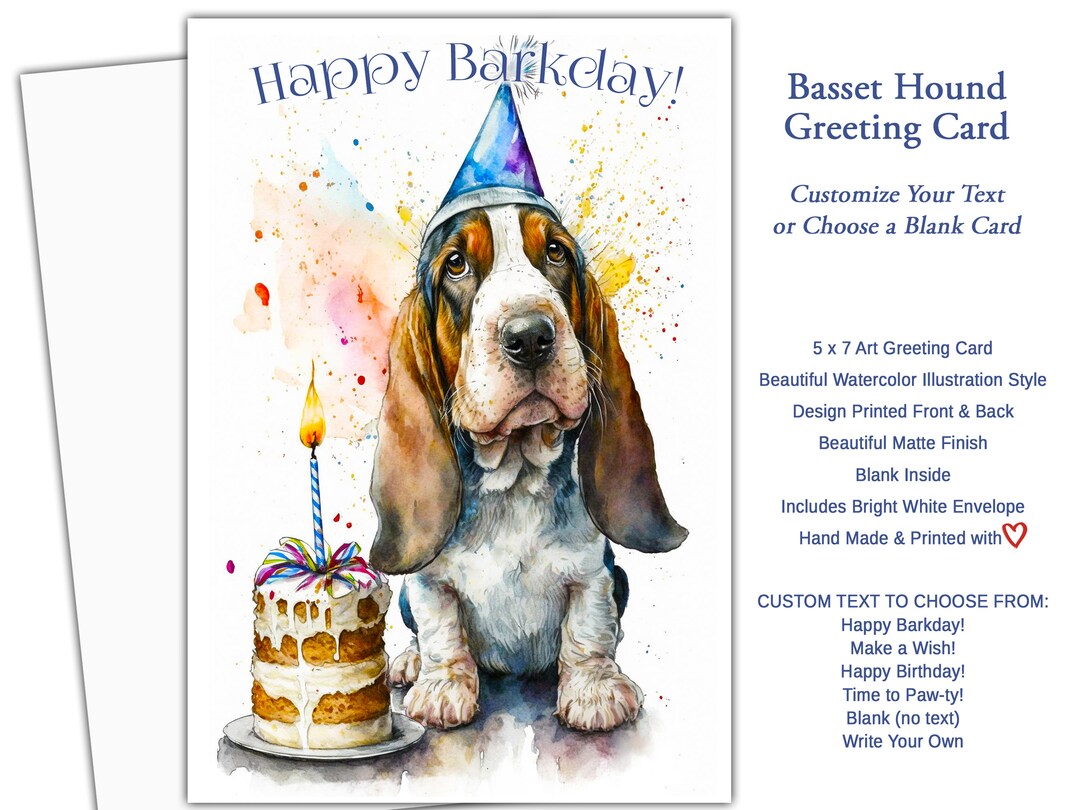 Customized Basset Hound Happy Birthday Card Choose a Greeting or Write