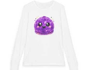 Glitzerndes lila Schleim-Langarmshirt mit süßem Gesicht für Jugendliche | Kawaii Glitzerklecks