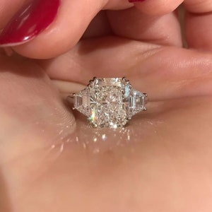 14K White Gold Three Stone Ring, Radiant & Baguette Cut CZ Stone Promise Ring, Wedding Engagement Ring For Women, Birthday Gift Ring For Her