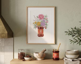 Lao Gan Ma Chili Crisp Wall Art Print Trendy Kitchen Decor Chinese Food Poster Asian Foodie Gift Whimsical Botanical Peony Digital Download
