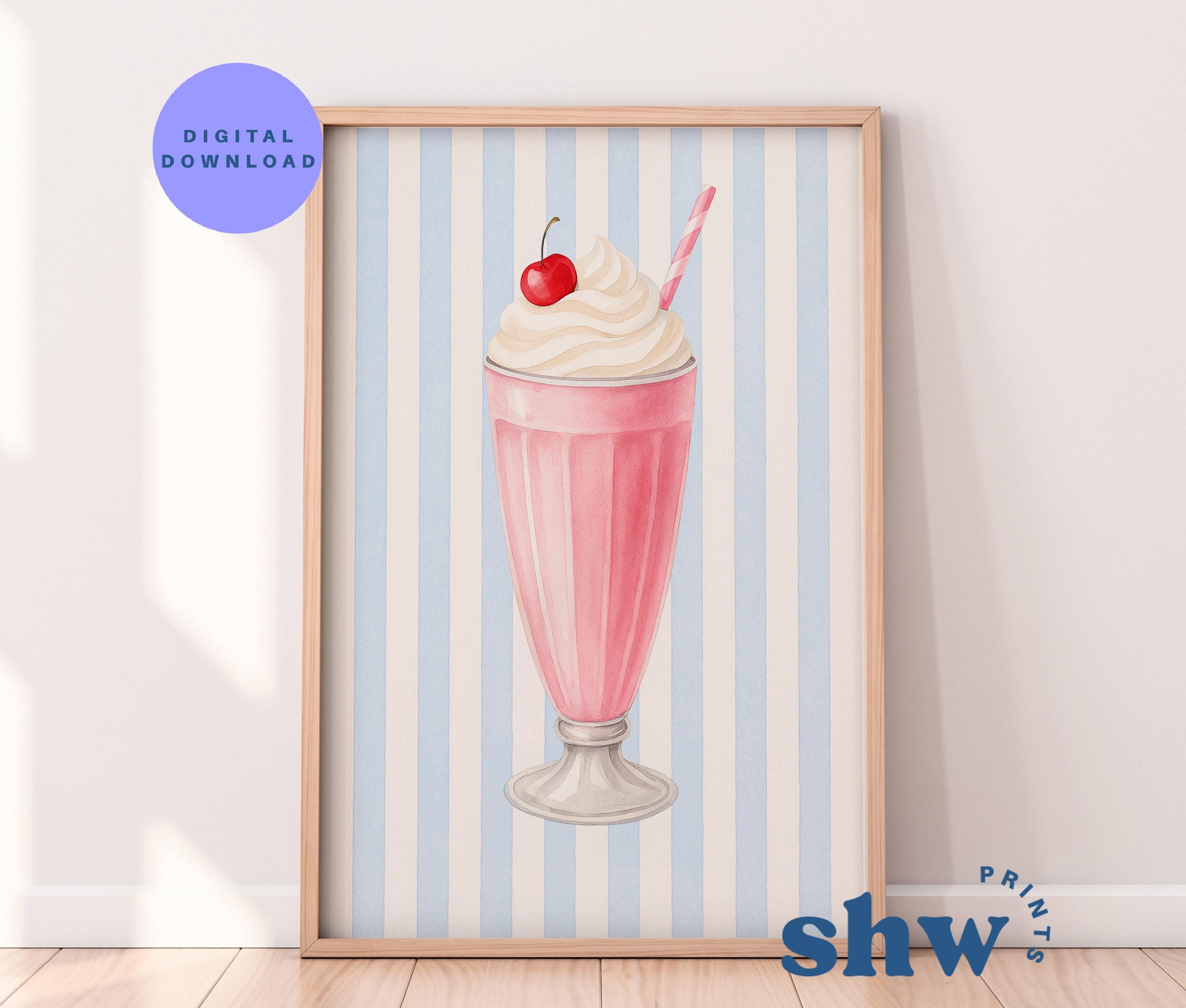 Pink Milkshake Wall Art Retro Striped Kids Room Decor Ice Cream Dessert Watercolour Printable Digital Download for Nursery or Holiday House