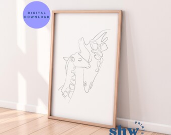 Safari Nursery Giraffe Print Digital Download Wall Art Animal Line Drawing for Gender Neutral Baby Room
