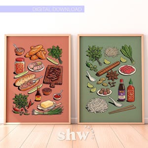 May include: Two framed prints featuring illustrated food items. One print has a red background with bread, meat, and sauces. The other print has a green background with noodles, spices, and sauces. The prints are labeled "DIGITAL DOWNLOAD".