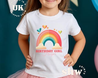 Personalised Rainbow Birthday Girl Shirt Custom Name Toddler Bday Tee Girls B-day Shirt Cute Party T-Shirt for Kids Gift Idea Little Girl