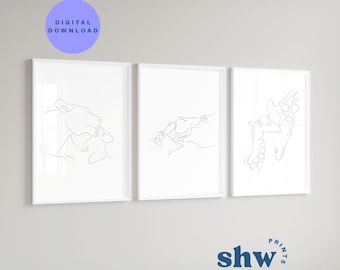 Safari Nursery Wall Art Set of 3 Prints Lion Hippo Giraffe Line Art Digital Download Animal Print Minimalist Safari Themed Playroom Decor
