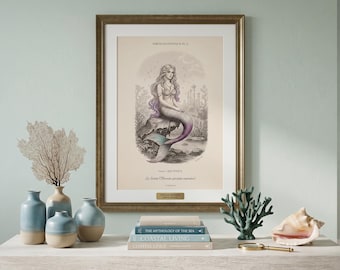 Lámina vintage de sirena, arte mural de criatura marina mítica, póster de herencia moderna, decoración caprichosa para guardería, estilo Dark Academia, descarga digital
