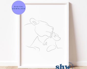 Minimalist Lion & Cub Line Art Print Digital Download Gender Neutral Nursery Wall Art Animal Mother Baby Illustration Safari Nursery Decor