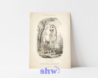 Vintage Unicorn Print: Nursery Wall Art, Mythical Natural History Poster, Pink Floral Unicorn, Baby Shower Gift