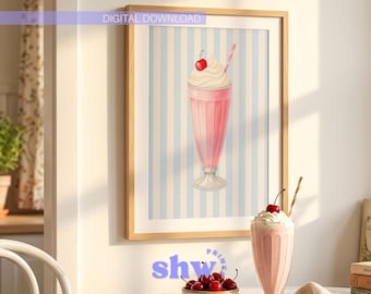 Retro Pink Milkshake Art Print Watercolour Diner Decor Digital Download Pastel Kitchen Wall Art 50s Nostalgia Strawberry Shake Poster