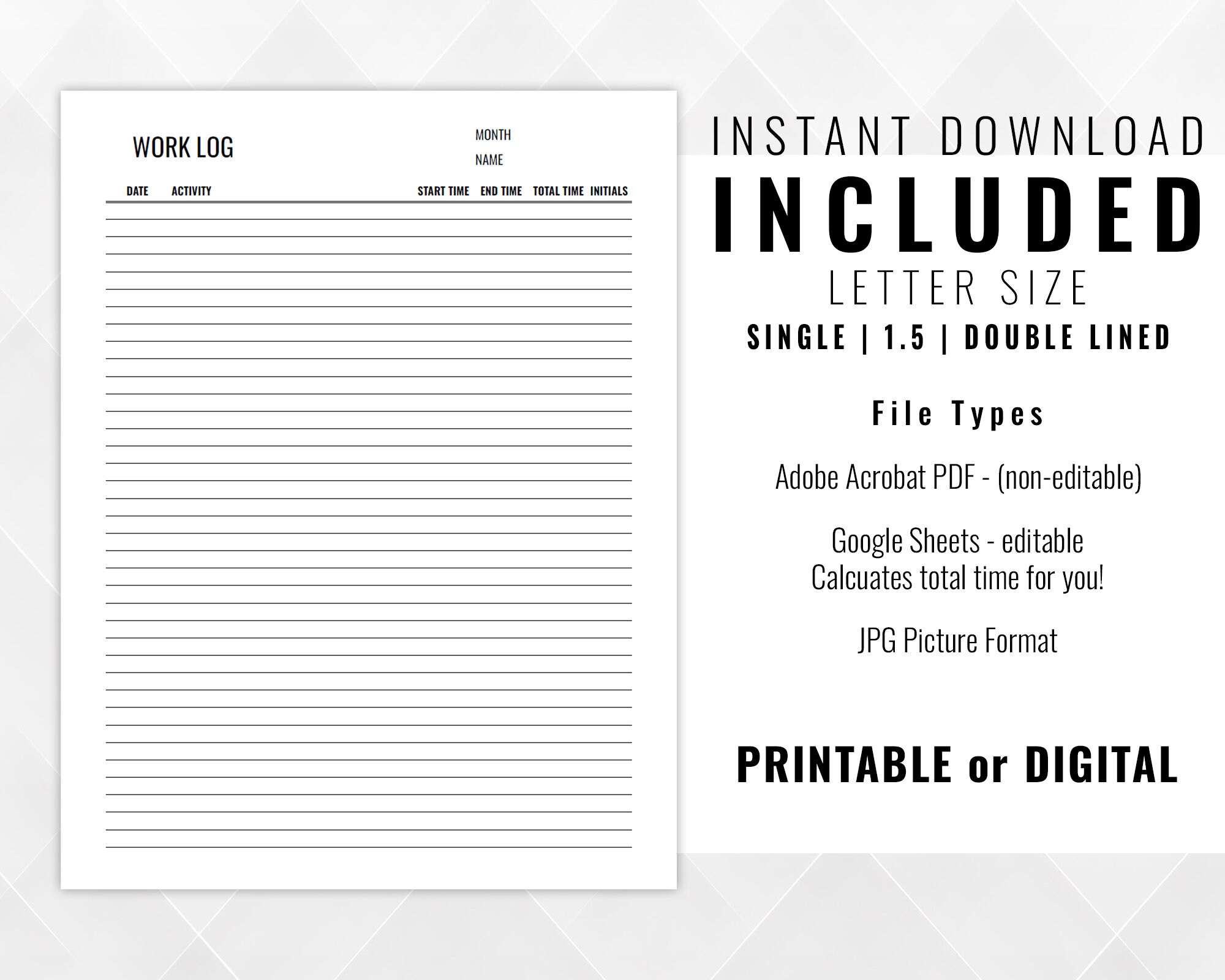Work Log | Printable Template | Editable Google Sheets Template ...
