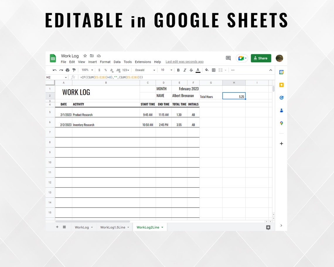 Work Log | Printable Template | Editable Google Sheets Template ...