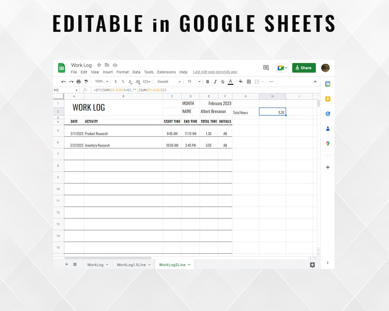 Work Log | Printable Template | Editable Google Sheets Template ...