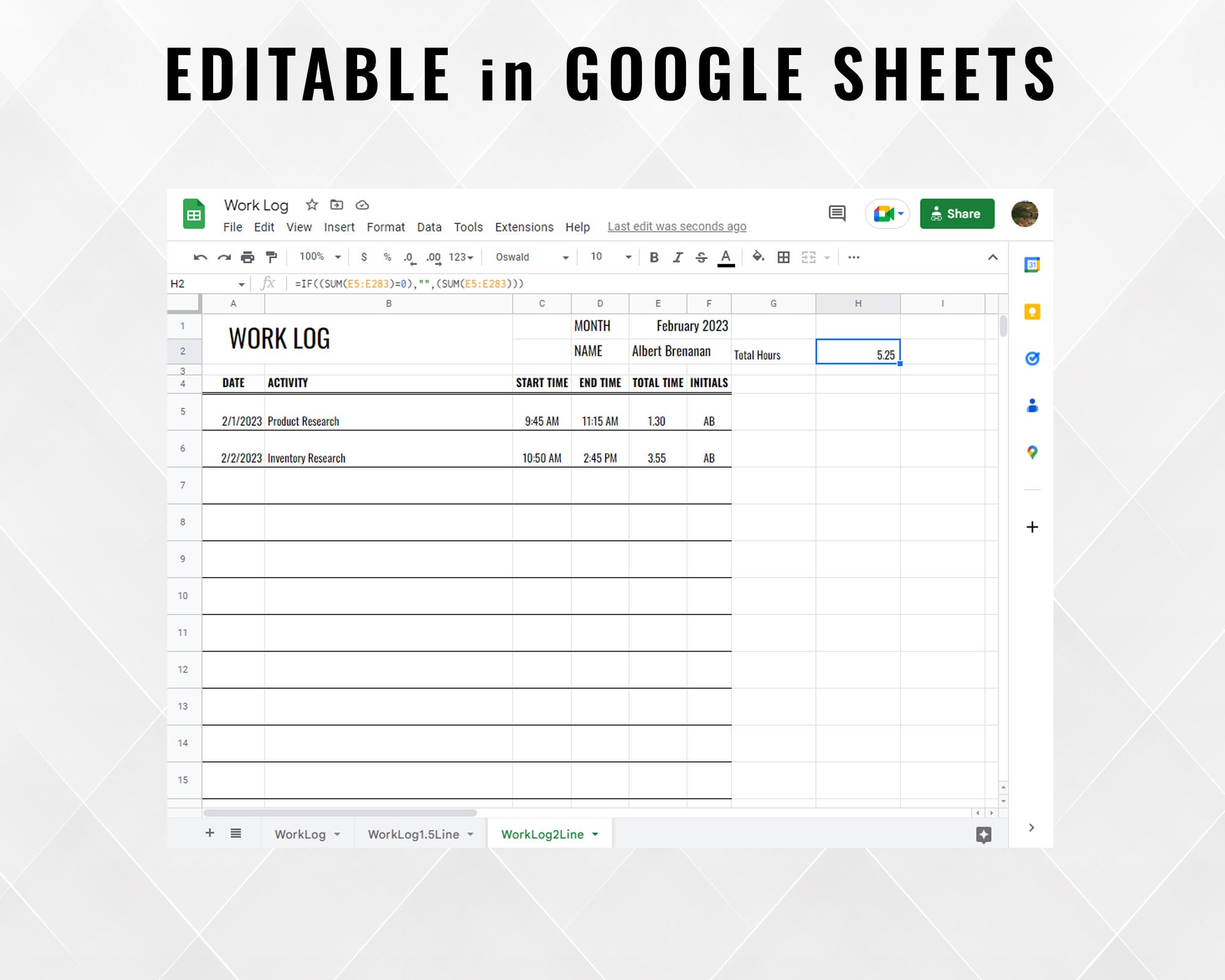 Work Log Printable Template Editable Google Sheets Template