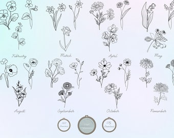 Birth Month Flower Hand Embroidery Pattern, pdf bundle of 3 versions of birth flowers for all 12 months, beginner to advanced skill levels