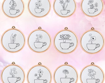 Birth Month Flowers Embroidery designs flower patterns all 12 months for coffee or tea lover mama