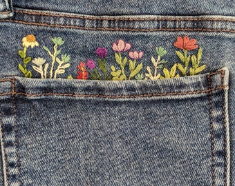 Wildflower embroidery design, for pants pocket diy hand embroidery floral, stitch guide and tutorial, embroidery pattern pdf download