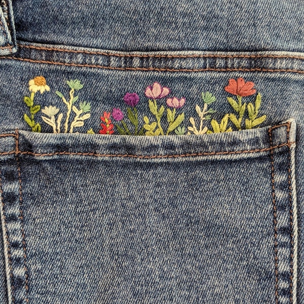 Wildflower embroidery design, for pants pocket diy hand embroidery floral, stitch guide and tutorial, embroidery pattern pdf download