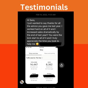 May include: Screenshot of a mobile phone showing a testimonial from a customer about the advice they received. The testimonial is followed by a screenshot of an Etsy shop's analytics dashboard showing the shop's traffic stats for the year. The stats show a significant increase in total views, visits, orders, and revenue.