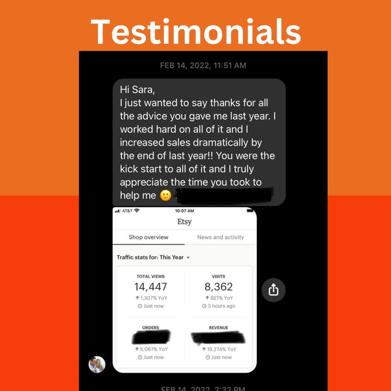 May include: Screenshot of a mobile phone showing a testimonial from a customer about the advice they received. The testimonial is followed by a screenshot of an Etsy shop's analytics dashboard showing the shop's traffic stats for the year. The stats show a significant increase in total views, visits, orders, and revenue.