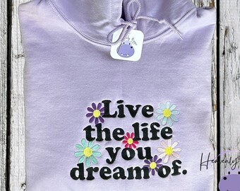 Sudadera con capucha bordada con cita inspiradora: moderna sudadera de mezcla de algodón