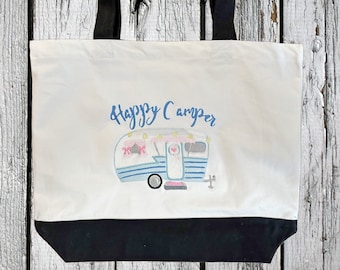 Bolsa de lona de algodón resistente con bordado "Happy Camper", ecológica, ideal para camping