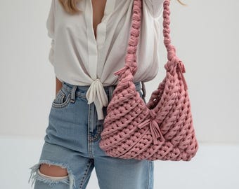 Bolso de hombro rosa, cierre magnético, bolso de crochet, bolso de mano, monedero,