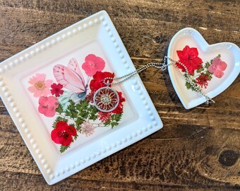 Juego de bandejas de joyería de porcelana hechas a mano: plato floral para anillos, soporte para pendientes