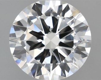 May include: A round, clear diamond with a brilliant cut. The diamond is faceted and reflects light.