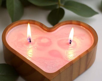 Vela de madera con forma de corazón: cera de soja rosa, aroma dulce