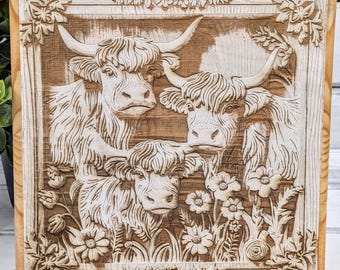 Vacas de las Tierras Altas, Decoración de Cocina, Salvamanteles de Madera, Agarradera, Grabado