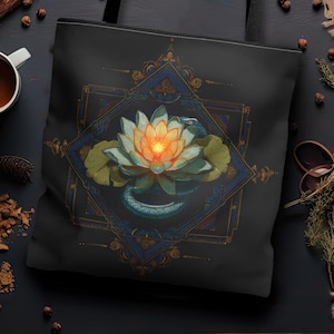 Serpent Lotus Enlightenment Tote Bag, Mystical Snake & Lotus Boho Shoulder Bag, Durable Double-Sided Sacred Geometry Bag, 3 Sizes Available