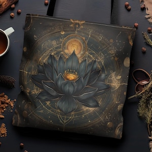 Lotus of the Cosmos Tote Bag, Double-Sided Canvas Bag with Celestial Lotus & Mandala Design, Spiritual Boho Accessory for Everyday Use