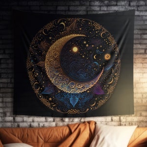 Crescent Moon Electric Mandala Wall Tapestry - Neon Style Illustration All Over Print Home Decor
